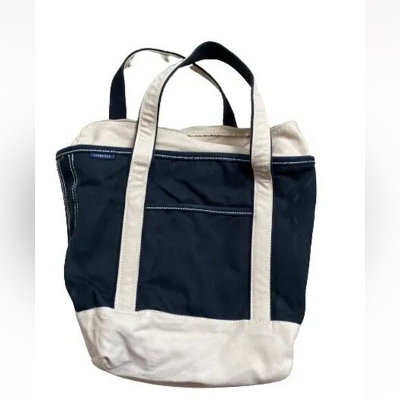 Lands End Vintage Beige & Blue Heavy Cotton Canvas Multipocketed Tote Bag - Picture 4 of 16